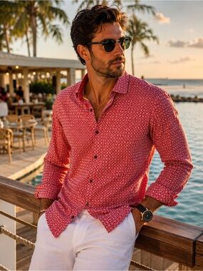 Ted Baker Men's Red Geo-Print Long-Sleeve Button-Down Shirt